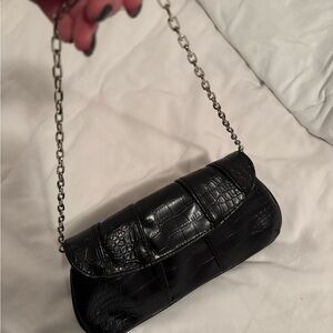 Black Clutch with Chain Strap and Textured Material